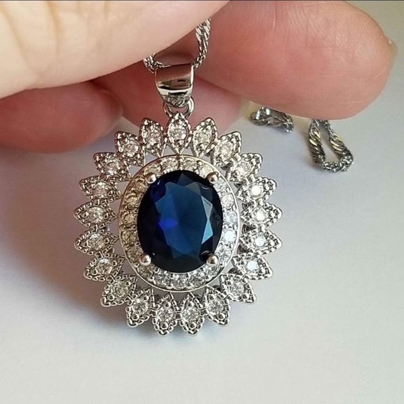 New 925 Silver Oval Cut Blue Sapphire Diamond Necklace for Women Pendant Chain